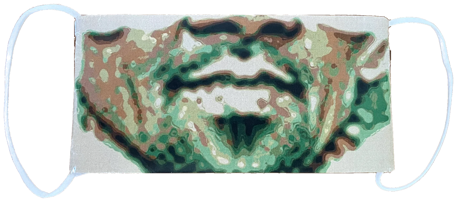 The AI Camouflage mask cut out with its straps, green and brown adversarial pattern.